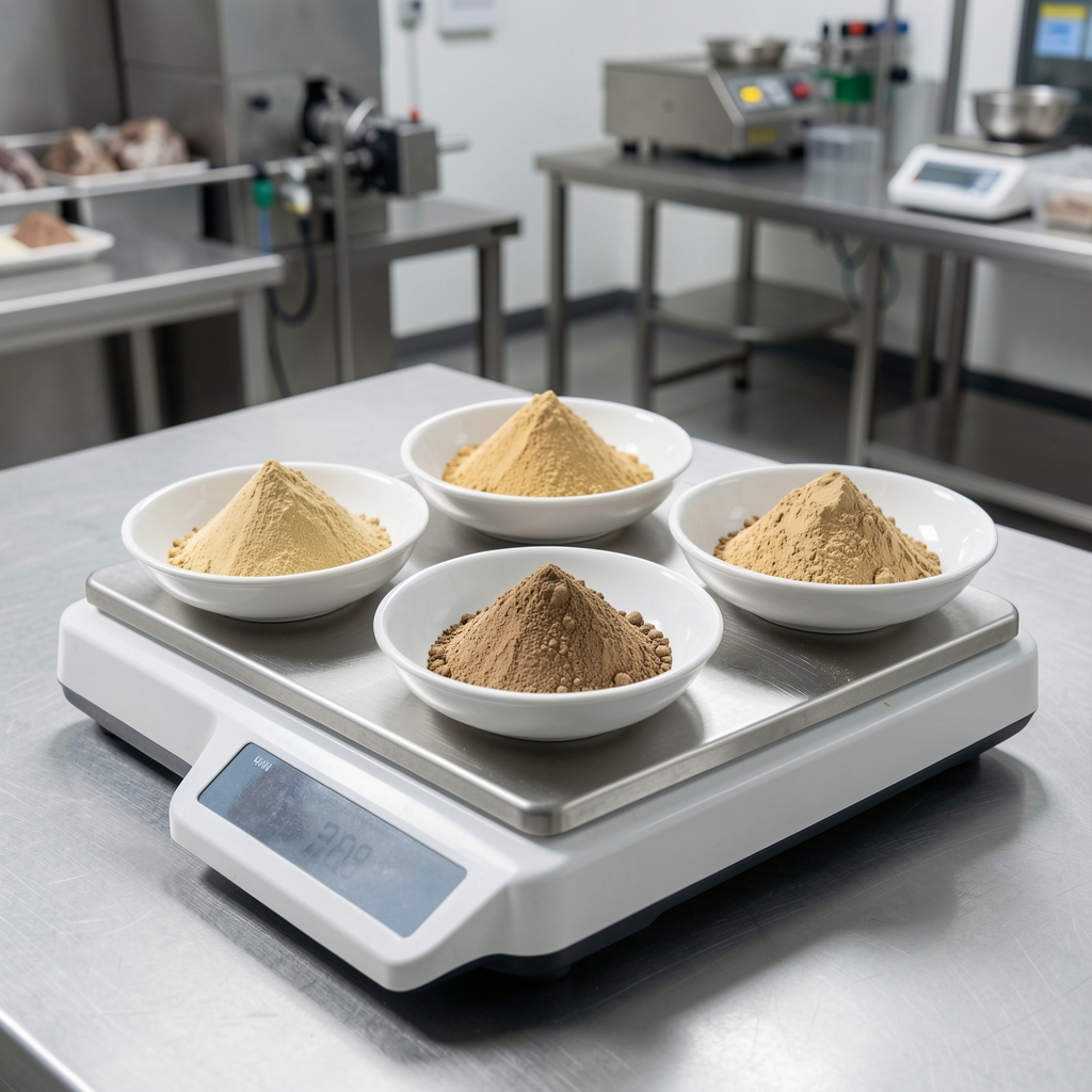 Natural mineral powder samples on white ceramic weighing dishes arranged on a precision scale surface under bright studio lighting in a food-grade processing environment