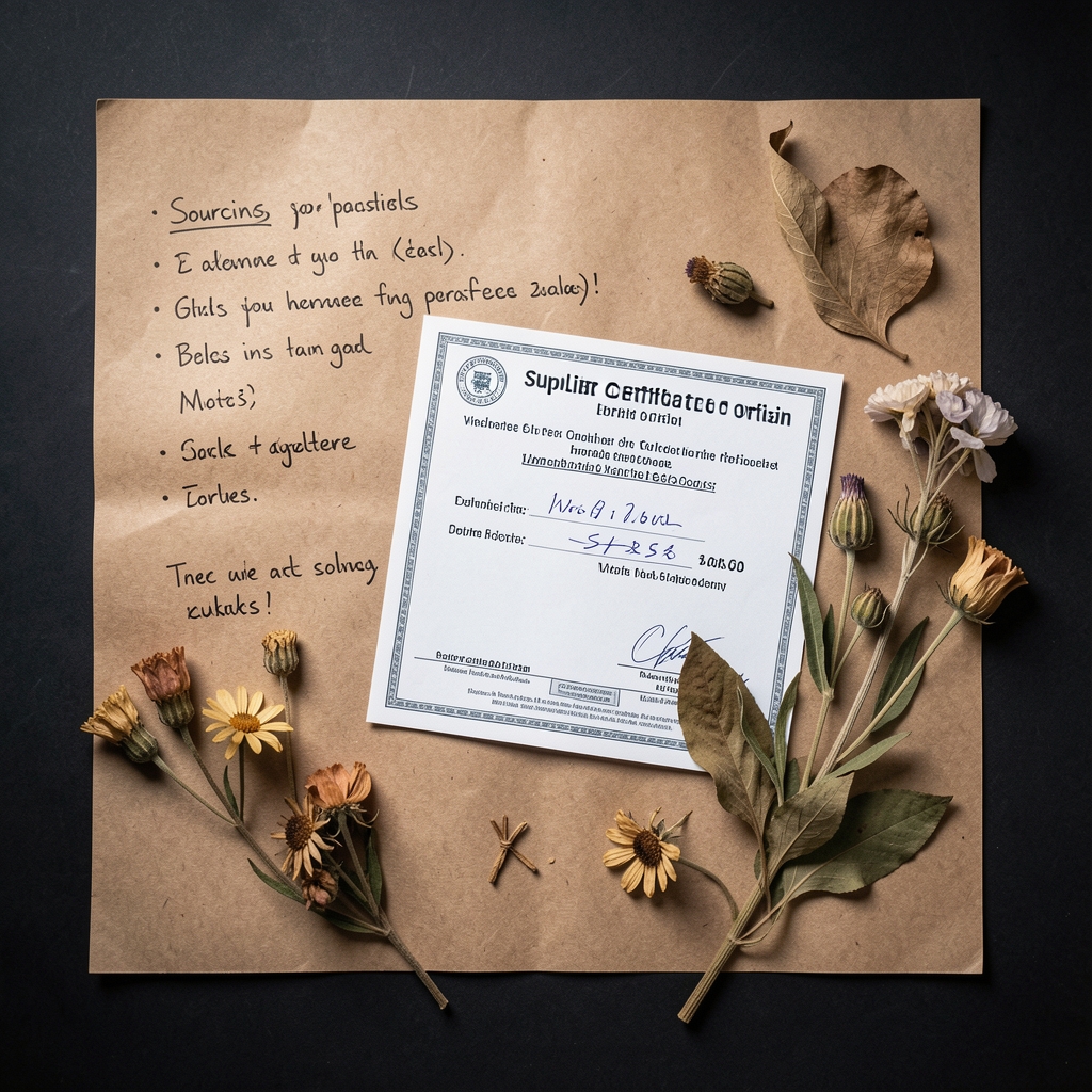 Overhead view of kraft paper with hand-annotated sourcing notes, a printed supplier certificate of origin, and dried botanical specimens arranged on a dark surface