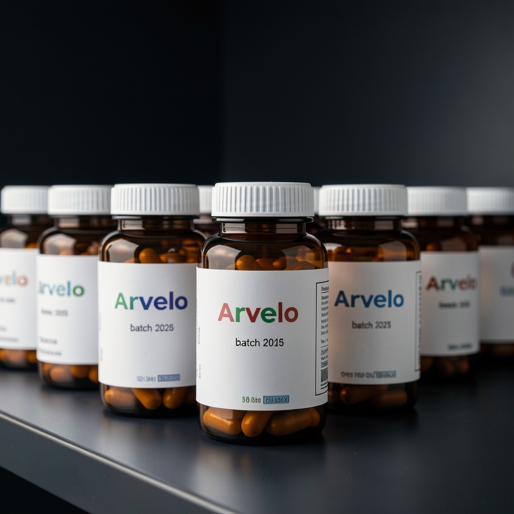 Row of sealed amber supplement bottles with Arvelo batch code labels, photographed in profile against a dark background in a quality-control environment