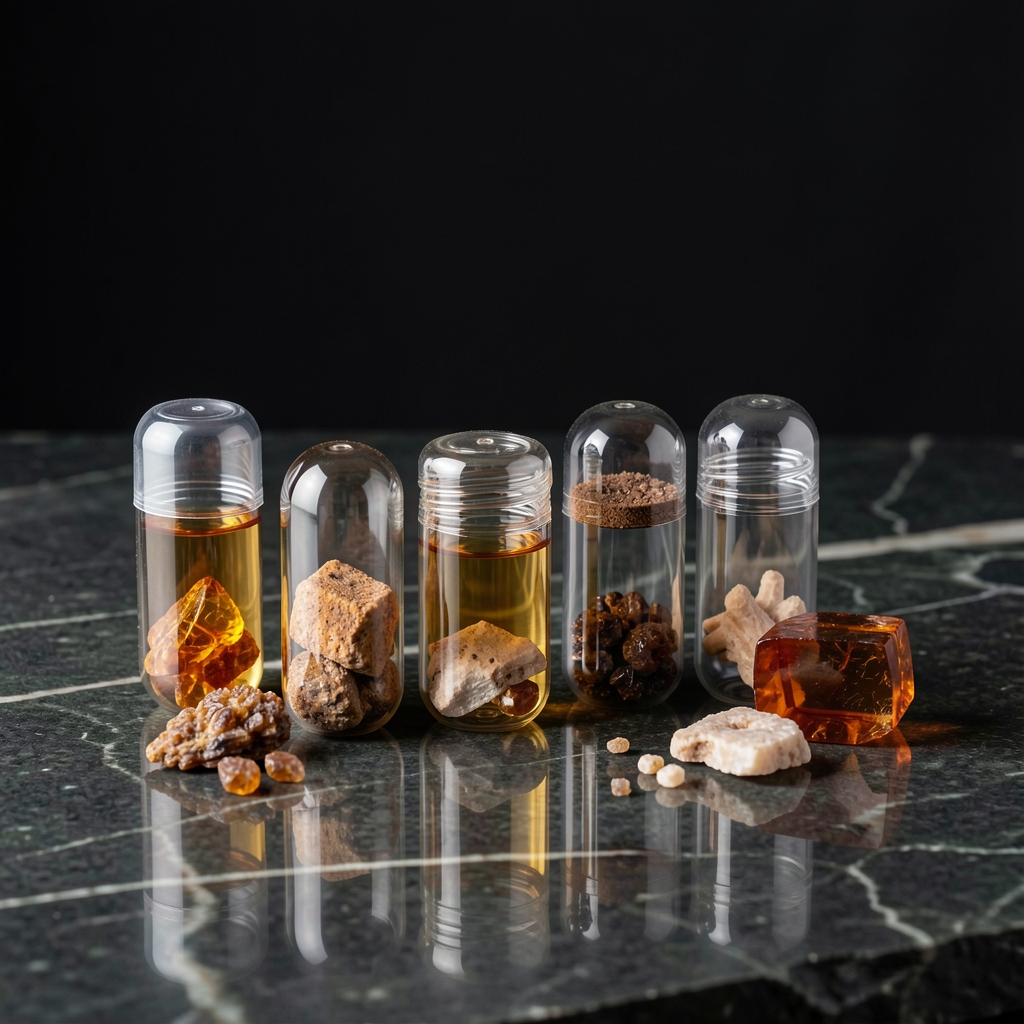 Dark studio setting with precision-arranged capsule containers and amber-tinted natural ingredient specimens on a polished stone surface