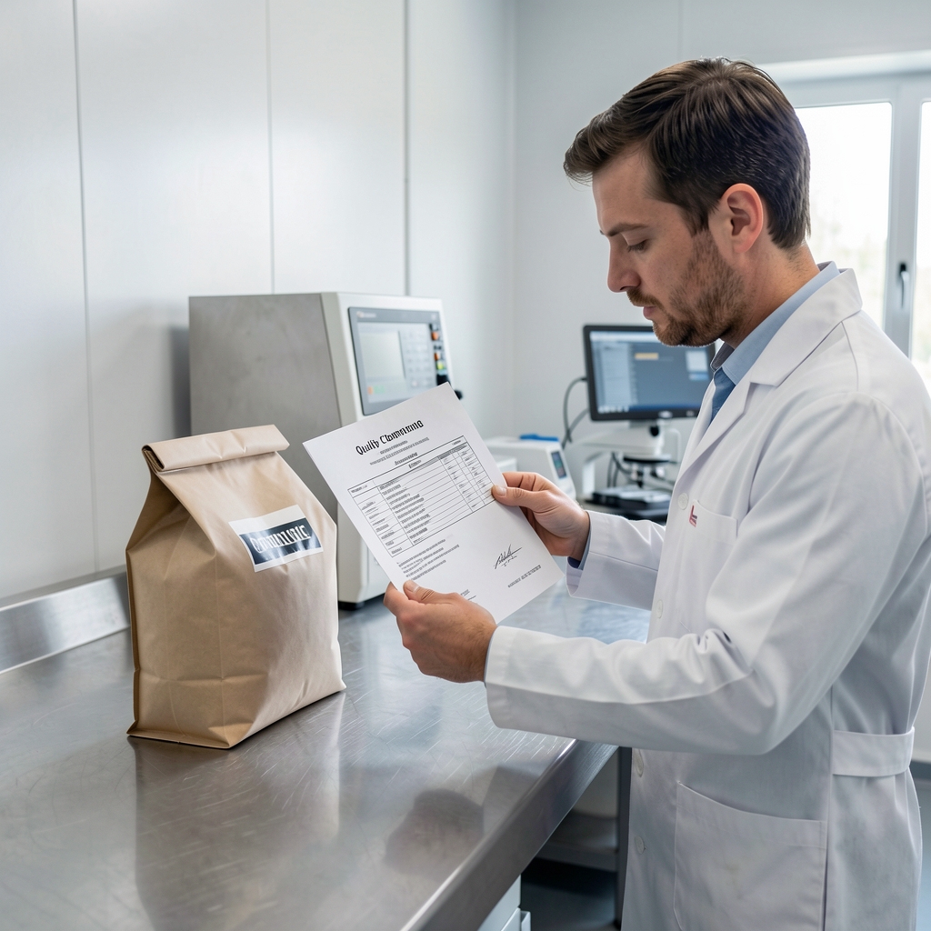 Quality-control technician examining incoming raw ingredient packaging at a stainless steel inspection bench, comparing a printed specification sheet against the supplier certificate of composition under bright studio lighting