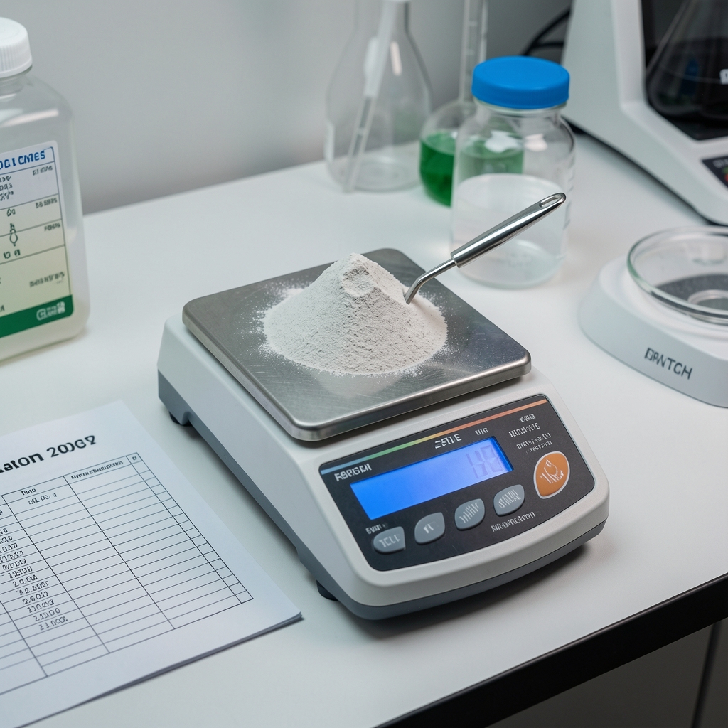 Precision weighing of mineral powder on a laboratory balance scale in a clean workspace environment, with a formulation record sheet and batch number visible beside the scale under controlled lighting