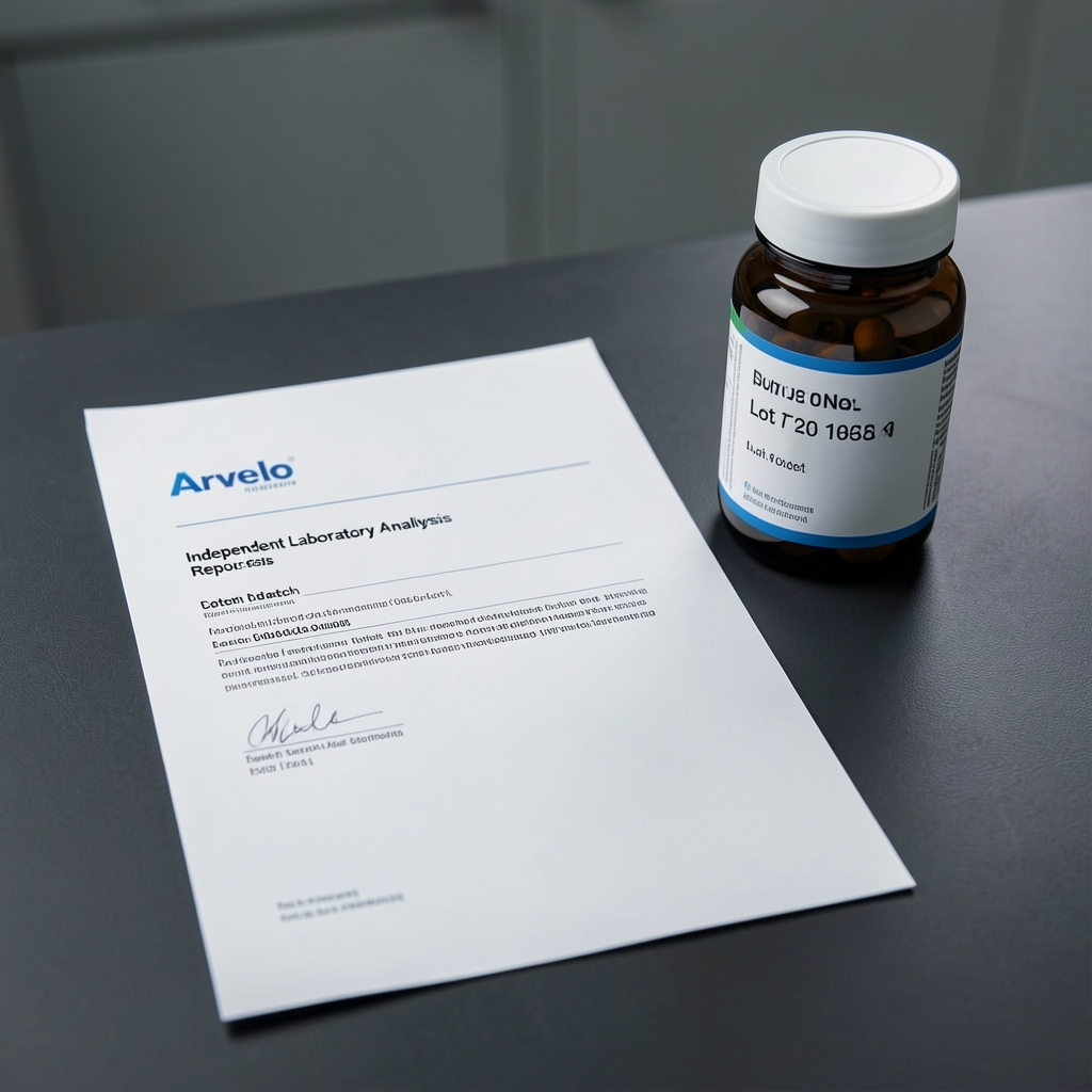 Printed independent laboratory analysis report for an Arvelo batch laid flat on a dark surface alongside the corresponding supplement bottle showing lot number, photographed under studio lighting in a quality-control environment