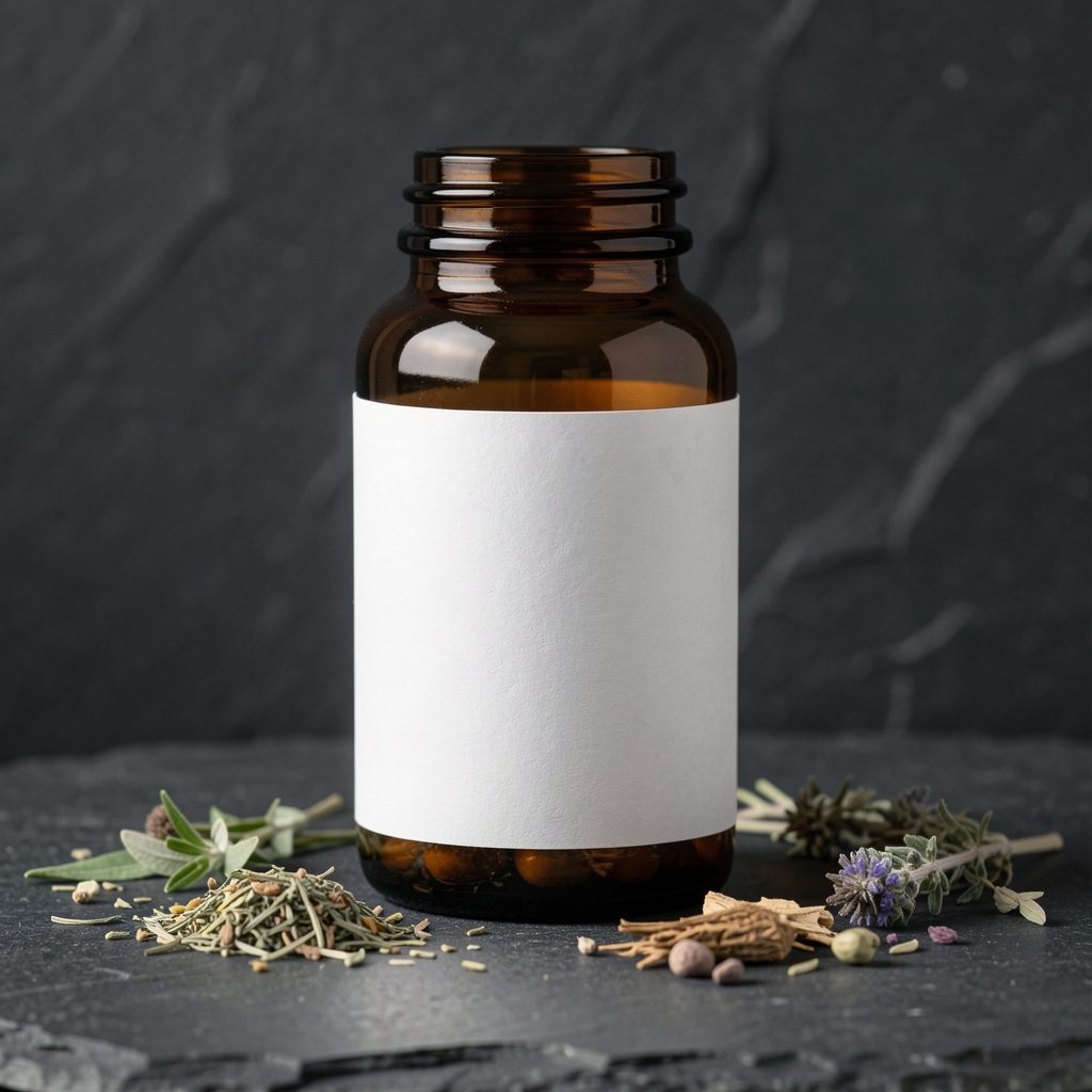 Single amber glass supplement bottle with minimalist label, positioned against dark stone surface with scattered herb specimens under controlled lighting