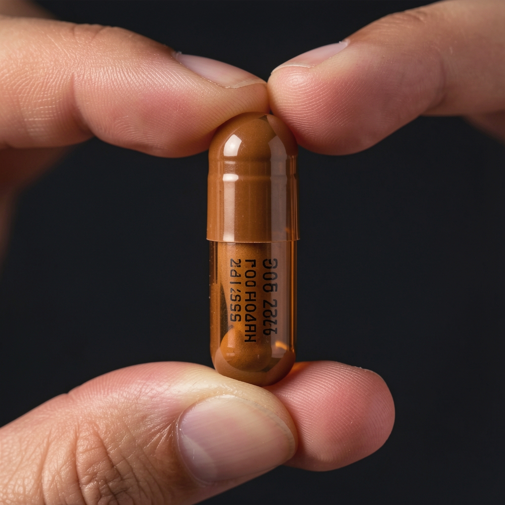 Close-up of an Arvelo Daily capsule held between two fingers against a dark background showing the amber-brown capsule shell with batch code visible on label
