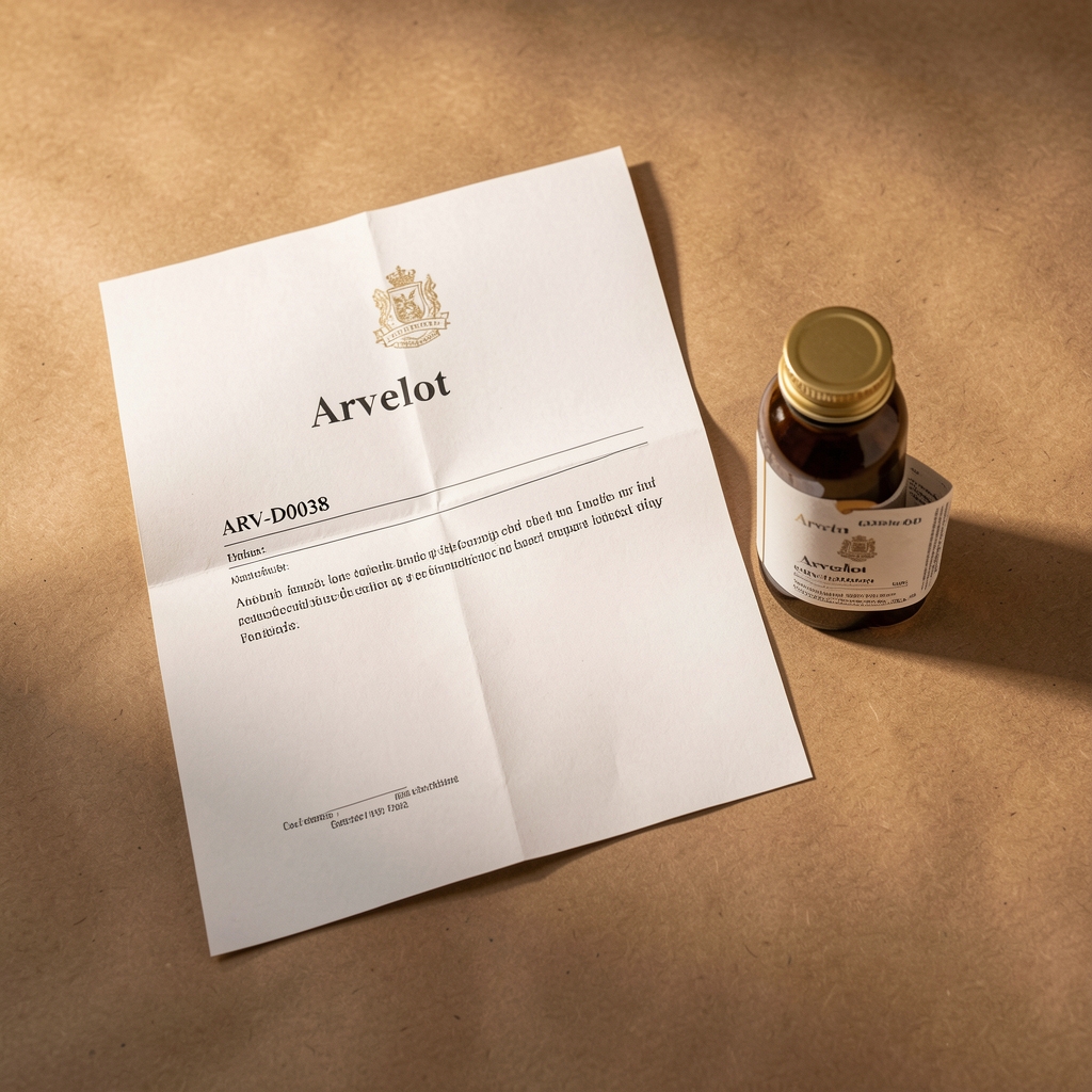 Printed certificate of composition document for Arvelo lot ARV-D0038, folded alongside the supplement bottle on a kraft paper surface under warm studio lighting