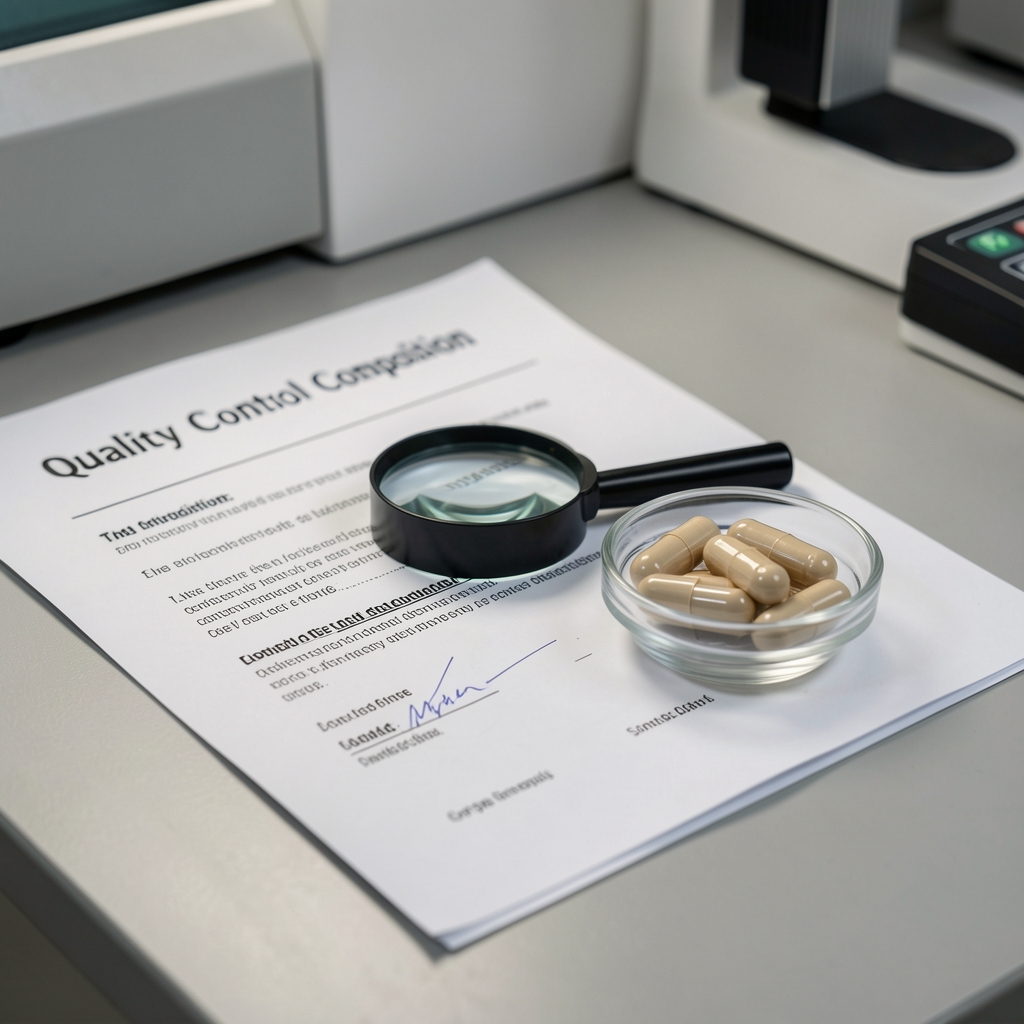 Close-up of a quality-control bench with a magnifying loupe resting on a printed certificate of composition alongside sample capsules in a small glass dish under controlled lighting