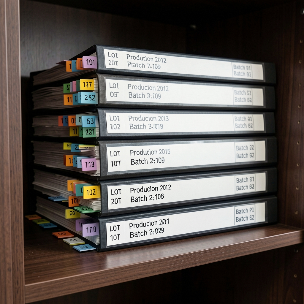 Stack of archive binders with lot-numbered index tabs on a dark wooden shelf, each binder labelled with a production date and batch code in a clean workspace environment